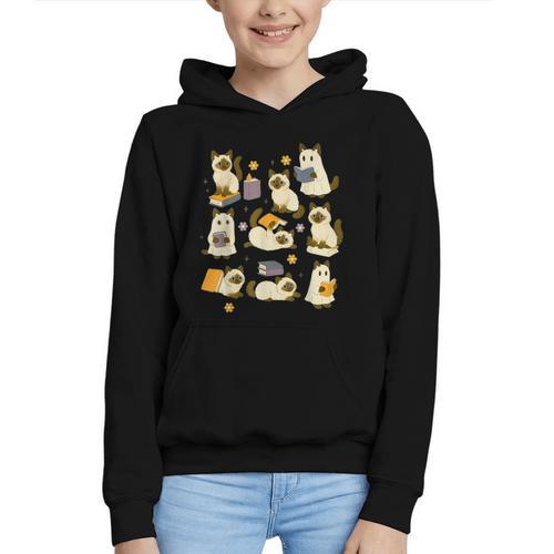Books Lover Bookish Ghost Himalayan Cat Reading Halloween Graphic Youth Hoodie - Bookorys AU