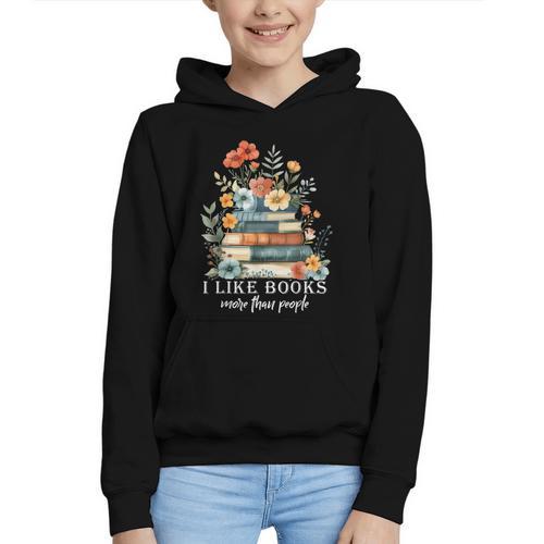 I Like Books More Than People Reading Reader Bookworm Saying Graphic Youth Hoodie - Bookorys