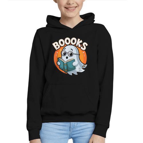 BOOOKS Cute Ghost Reading Books Halloween Graphic Youth Hoodie - Bookorys DE