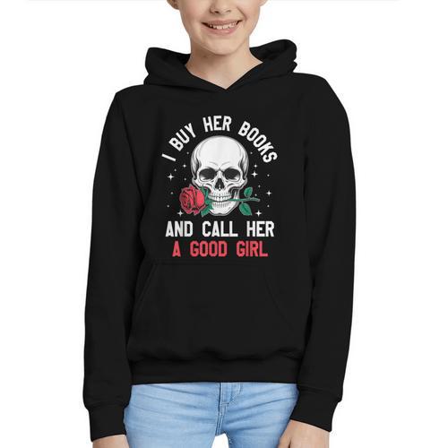 I Buy Her Books And Call Her A Good Girl Skull Rose Bookworm Graphic Youth Hoodie - Bookorys DE