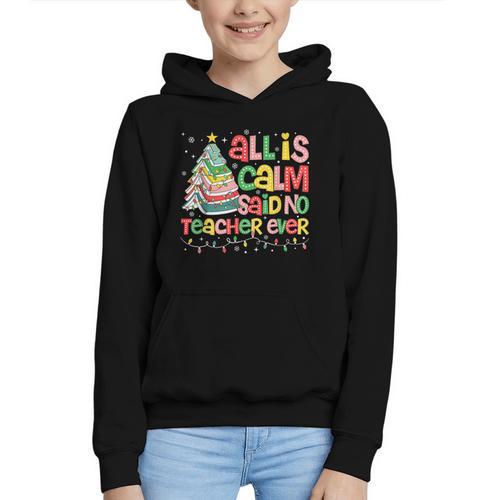 All Is Calm Said No Teacher Ever Book Christmas Tree Graphic Youth Hoodie - Bookorys CA