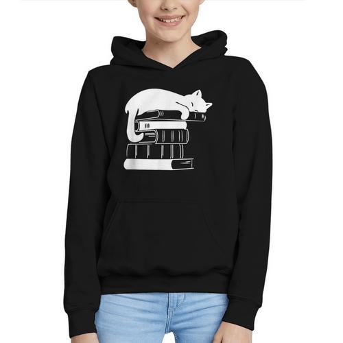 Cat Book Books And Cats Cat Lover Cat Mom Book Lovers Graphic Youth Hoodie - Bookorys