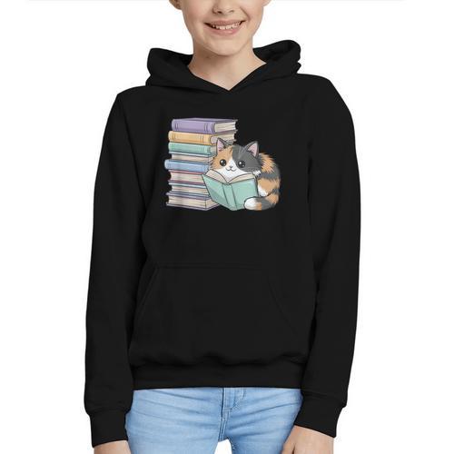 Cat On Books Pets Cats Reading Book Nerd Read Reader Bookcat Graphic Youth Hoodie - Bookorys