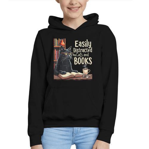 Cats And Books Book & Cat Lover Easily Distracted By Graphic Youth Hoodie - Bookorys DE