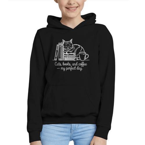 Cats Books And Coffee – My Perfect Day Cat Lover Graphic Youth Hoodie - Bookorys