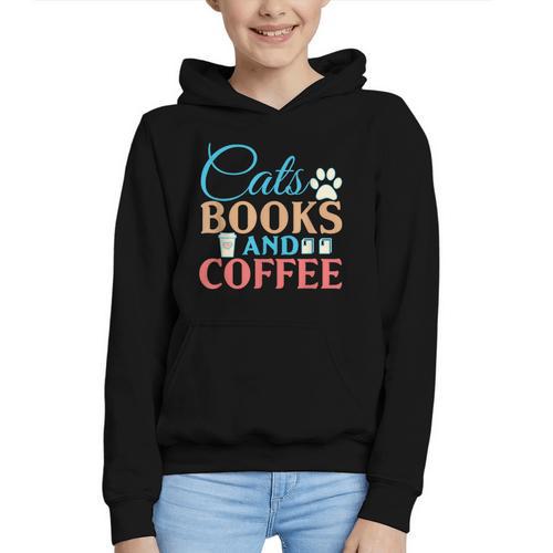 Cats Books And Coffee Graphic Youth Hoodie - Bookorys AU