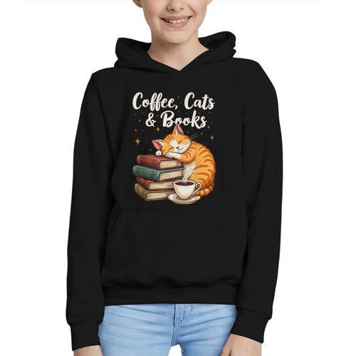 Coffee Cats & Books Lover For Women & Girls Coffee Graphic Youth Hoodie - Bookorys CA