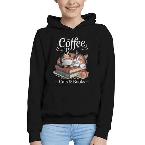 Coffee Cats And Books Cozy Calico Reader Love Cute Cat Graphic Youth Hoodie - Bookorys CA