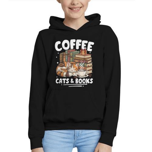 Coffee Cats And Books Cats And Reading Lovers Graphic Youth Hoodie - Bookorys