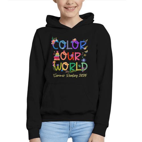 Color Our World Summer Reading 2025 Boho Wildflower Book Graphic Youth Hoodie - Bookorys DE