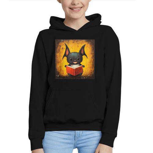 Colorful Sketch Oil Painting Of A Bat Reading Book Graphic Youth Hoodie - Bookorys