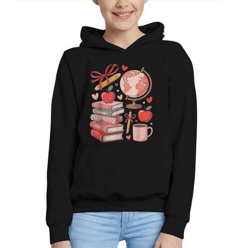 Coquette Teacher School Supplies Bows Books Globe Apple Cute Graphic Youth Hoodie - Bookorys