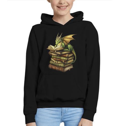 Cottagecore Moon Mushroom Dragon Sitting On Book Goblincore Graphic Youth Hoodie - Bookorys
