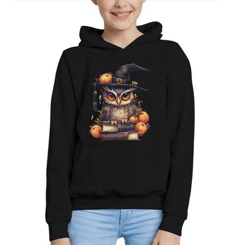 Cottagecore Owl Witch Hat On Book Pumpkin Halloween Costume Graphic Youth Hoodie - Bookorys AU