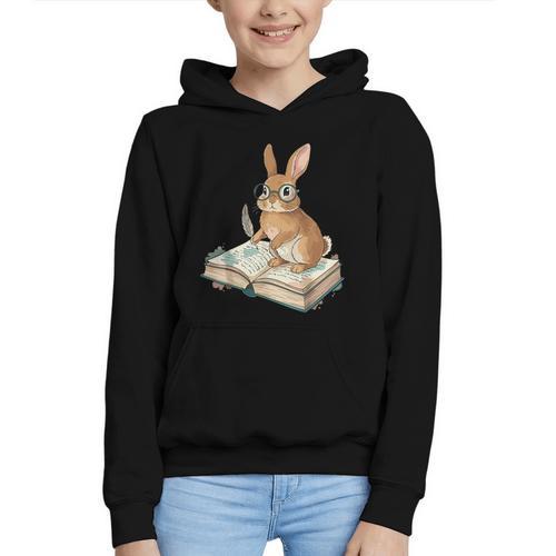 Cute Bunny Reading Book Glasses Bookworm Graphic Youth Hoodie - Bookorys