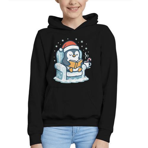 Cute Christmas Penguin Reading Book Cozy Winter Holiday Art Graphic Youth Hoodie - Bookorys