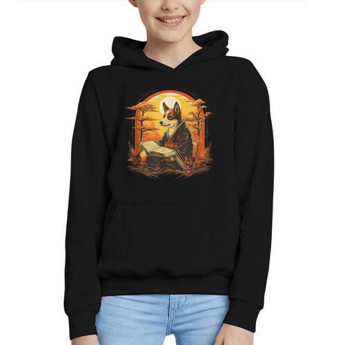Cute Corgi Dog In Japanese Kimono With Book Men Women Girls Kids Graphic Youth Hoodie - Bookorys UK
