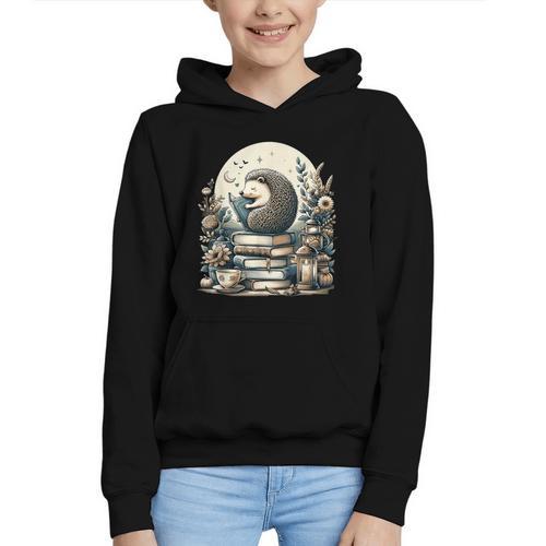 Cute Cottagecore Aesthetic Hedgehog Reading Book Nerd Graphic Youth Hoodie - Bookorys UK