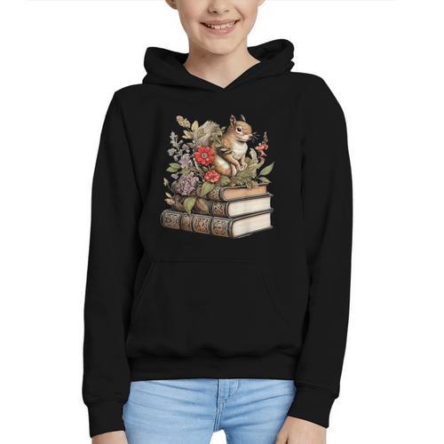 Cute Cottagecore Aesthetic Squirrel With Flowers Books Graphic Youth Hoodie - Bookorys