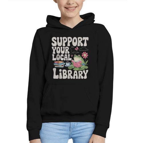 Cute Frog Support Your Local Library Librarian Book Lover Graphic Youth Hoodie - Bookorys