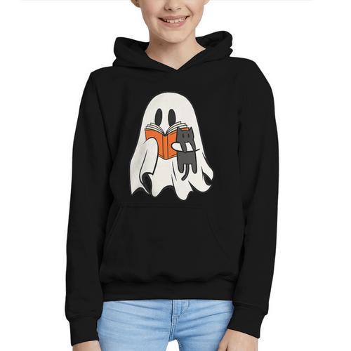 Cute Ghost Cat Reading Book Spooky Season Halloween Costume Graphic Youth Hoodie - Bookorys