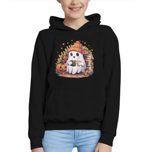Cute Ghost Drinking Coffee Halloween Reading Book Retro Graphic Youth Hoodie - Bookorys