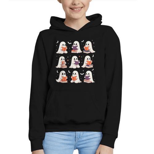 Cute Ghost Reading Book Lovers Halloween Ghost Graphic Youth Hoodie - Bookorys CA