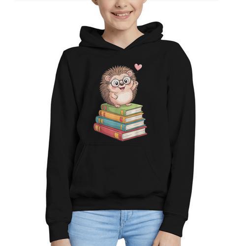 Cute Hedgehog Reading Books Animal Lover Reader Bookworm Graphic Youth Hoodie - Bookorys