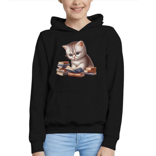 Cute Kitten Bookworm Adorable Cat With Glasses Reading Book Graphic Youth Hoodie - Bookorys