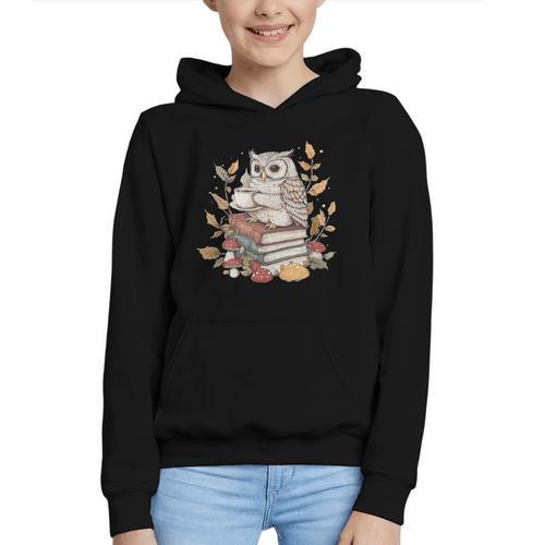 Cute Owl Sitting On Books With Coffee Cottage Core Graphic Youth Hoodie - Bookorys