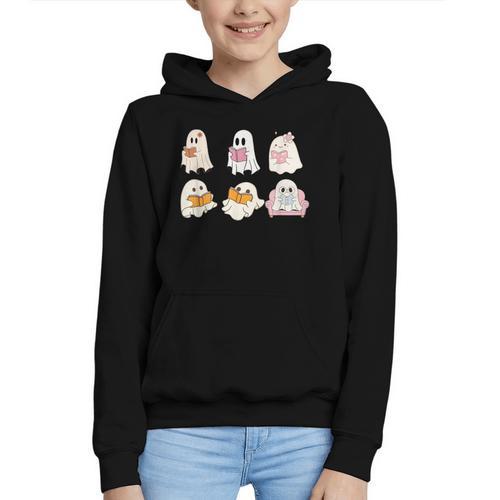 Cute Spooky Reading Book Halloween Fall Ghost Autumn Graphic Youth Hoodie - Bookorys UK