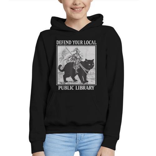 Defend Your Local Library Knight Cat Rider Book Lover Graphic Youth Hoodie - Bookorys CA