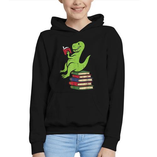 Dino Reading Read Reading Librarian Book Men Boys Kids Graphic Youth Hoodie - Bookorys