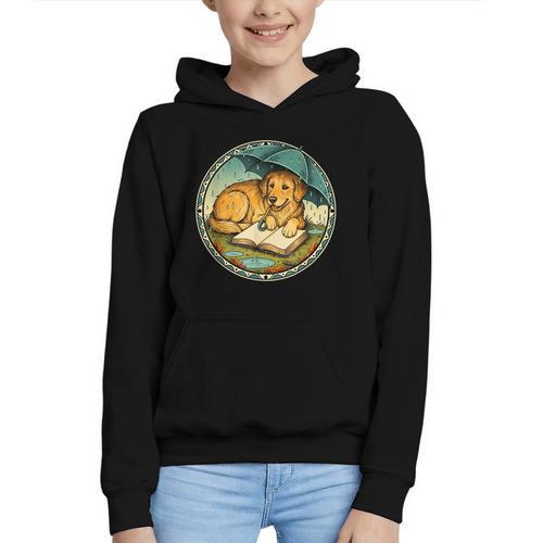 Dog Reading Book Rain Cozy Umbrella Cute Art Men Graphic Youth Hoodie - Bookorys AU