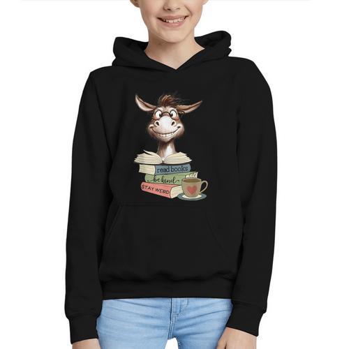 Donkey Reading Book Read Books Be Kind Stay Weird Librarian Graphic Youth Hoodie - Bookorys
