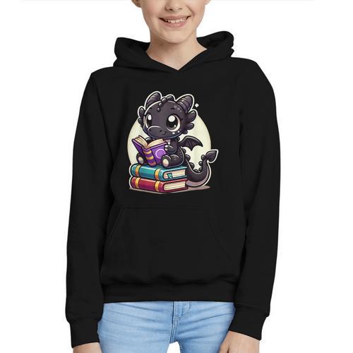 Dragon Reading A Book Cute Bookworm Book Lover Graphic Youth Hoodie - Bookorys
