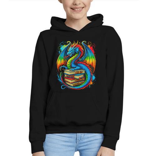 Dragon Reading Colorful Fantasy Book Lover Graphic Youth Hoodie - Bookorys AU