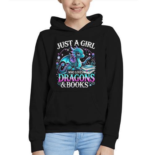 Dragon Reading Just A Girl Who Loves Dragons And Books Graphic Youth Hoodie - Bookorys
