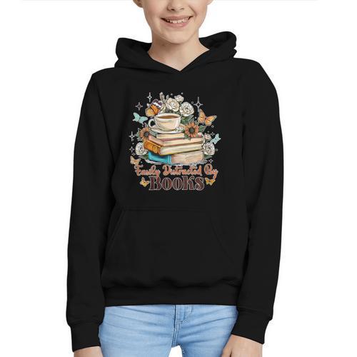 Easily Distracted By Books Book Wildflowers Book Lovers Graphic Youth Hoodie - Bookorys DE