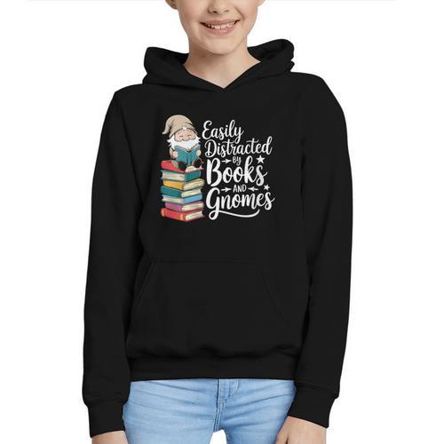 Easily Distracted By Books And Gnomes Graphic Youth Hoodie - Bookorys CA