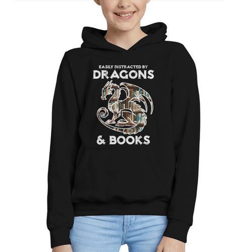 Easily Distracted By Dragons Books Bookworm Women Men Kids Graphic Youth Hoodie - Bookorys