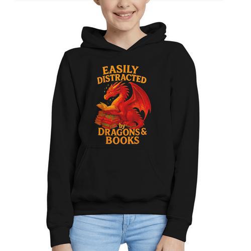 Easily Distracted By Dragons And Books Reading Graphic Youth Hoodie - Bookorys DE