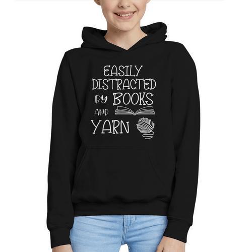 Easily Distracted By Knitting Books And Yarn Quote Reader Graphic Youth Hoodie - Bookorys CA