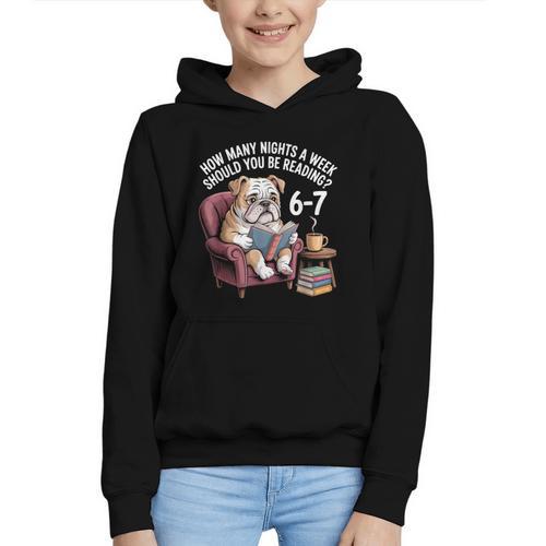 English Bulldog Dog Reading Book 67 Six Seven Meme Graphic Youth Hoodie - Bookorys