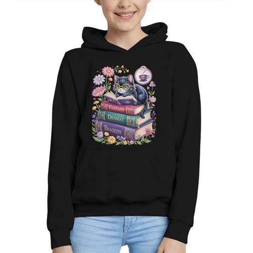 Fantasy Drama Tragedy Cute Cat Book Lover Readers Librarians Graphic Youth Hoodie - Bookorys CA