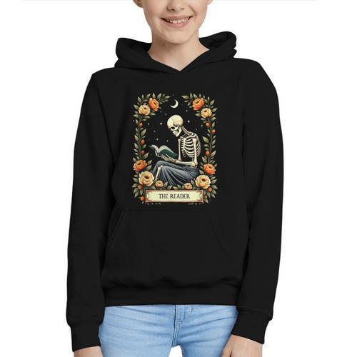 Floral Tarot Card The Reader Skeleton Reading Book Graphic Youth Hoodie - Bookorys CA