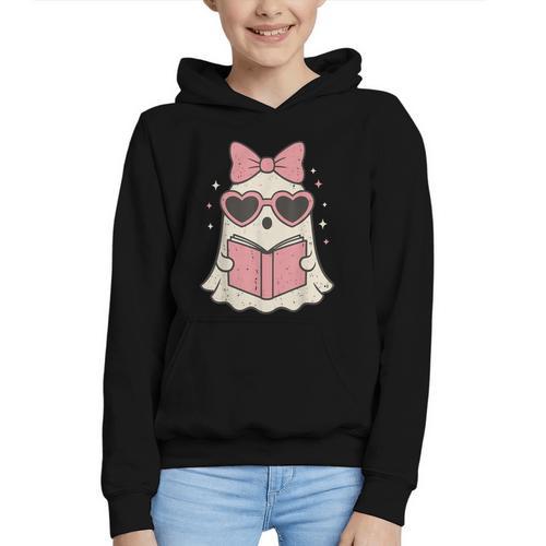 Ghost Reading Book Halloween Cat Lover Graphic Youth Hoodie - Bookorys AU