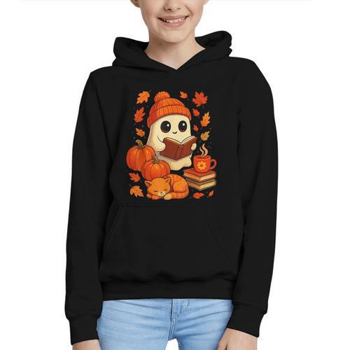 Ghost Reading Book Lovers Autumn Fall Halloween Graphic Youth Hoodie - Bookorys AU