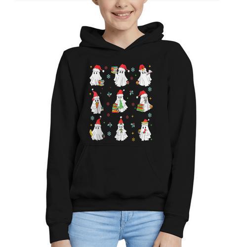 Ghosts Wearing Santa Hats Reading Books Christmas Book Lover Graphic Youth Hoodie - Bookorys DE