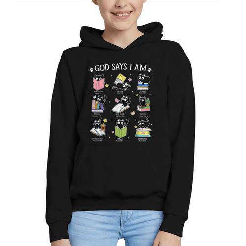 God Says I Am Cat Book Lover Christian Cute Jesus Girls Kids Graphic Youth Hoodie - Bookorys CA